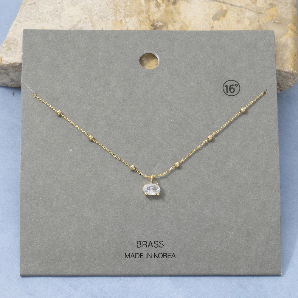 Gold Cz Solitaire Oval Pendant Necklace