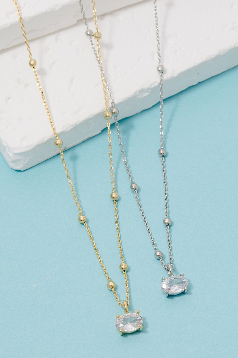 Faceted Oval Gem Pendant Station Bead Chain Necklace