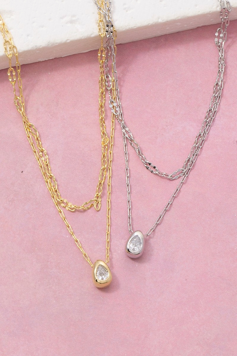 Double Layer Cz Teardrop Pendant Necklace