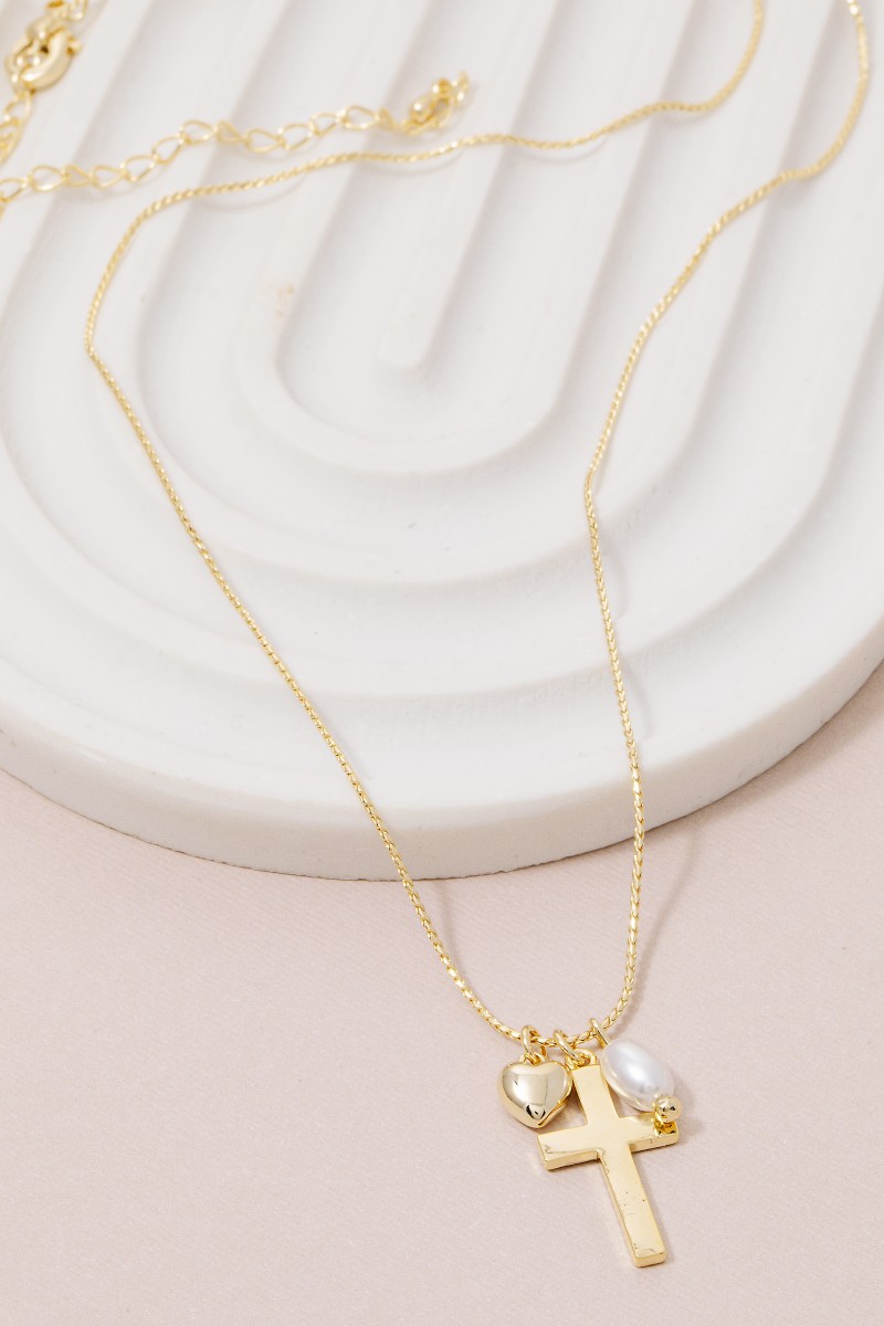 Cross Heart And Pearl Charms Chain Necklace
