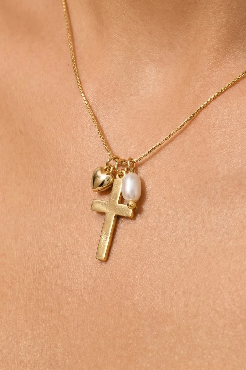 Cross Heart And Pearl Charms Chain Necklace