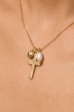 Cross Heart And Pearl Charms Chain Necklace