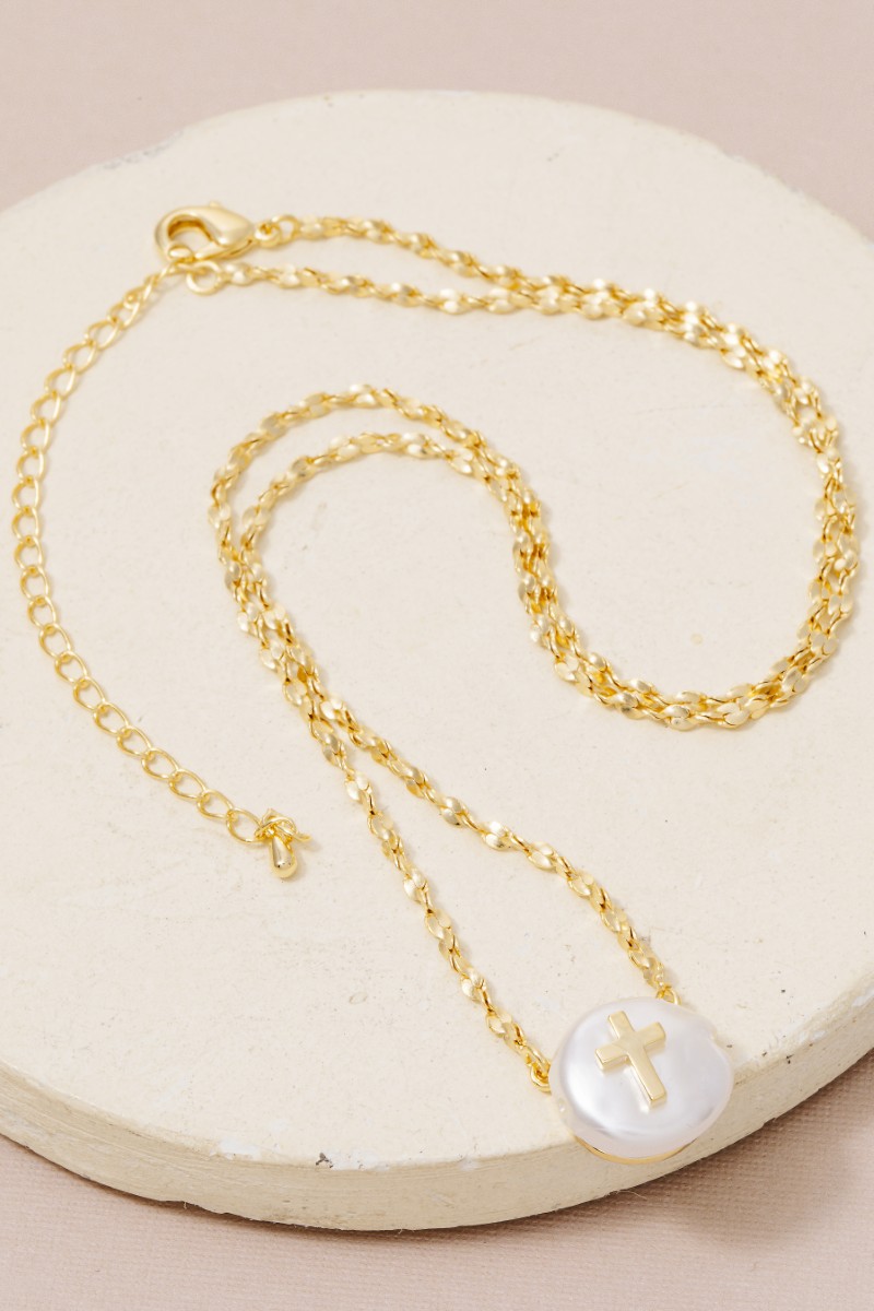 Cross On Pearl Pendant Chain Necklace