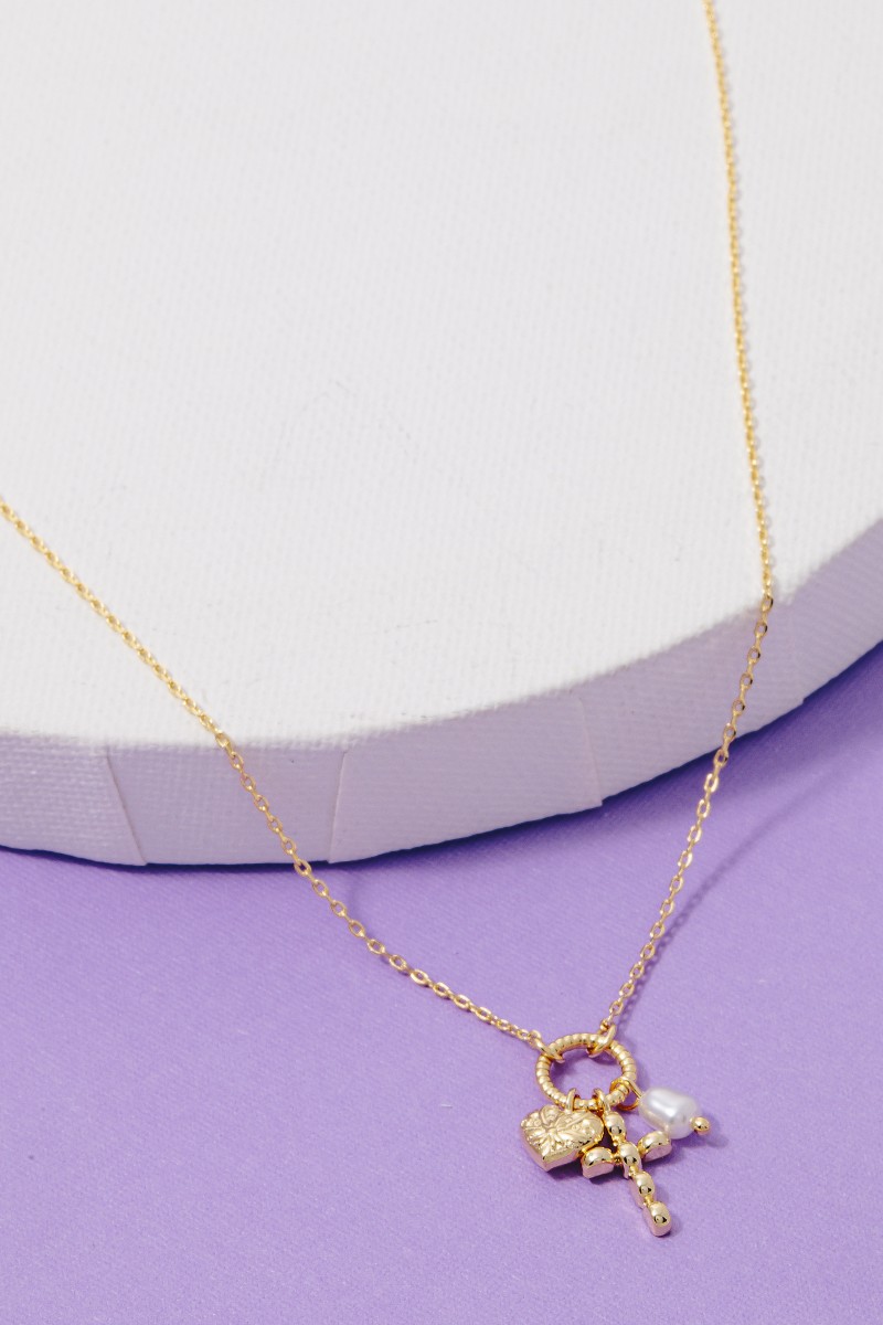 Heart Cross And Pearl Charms Chain Necklace