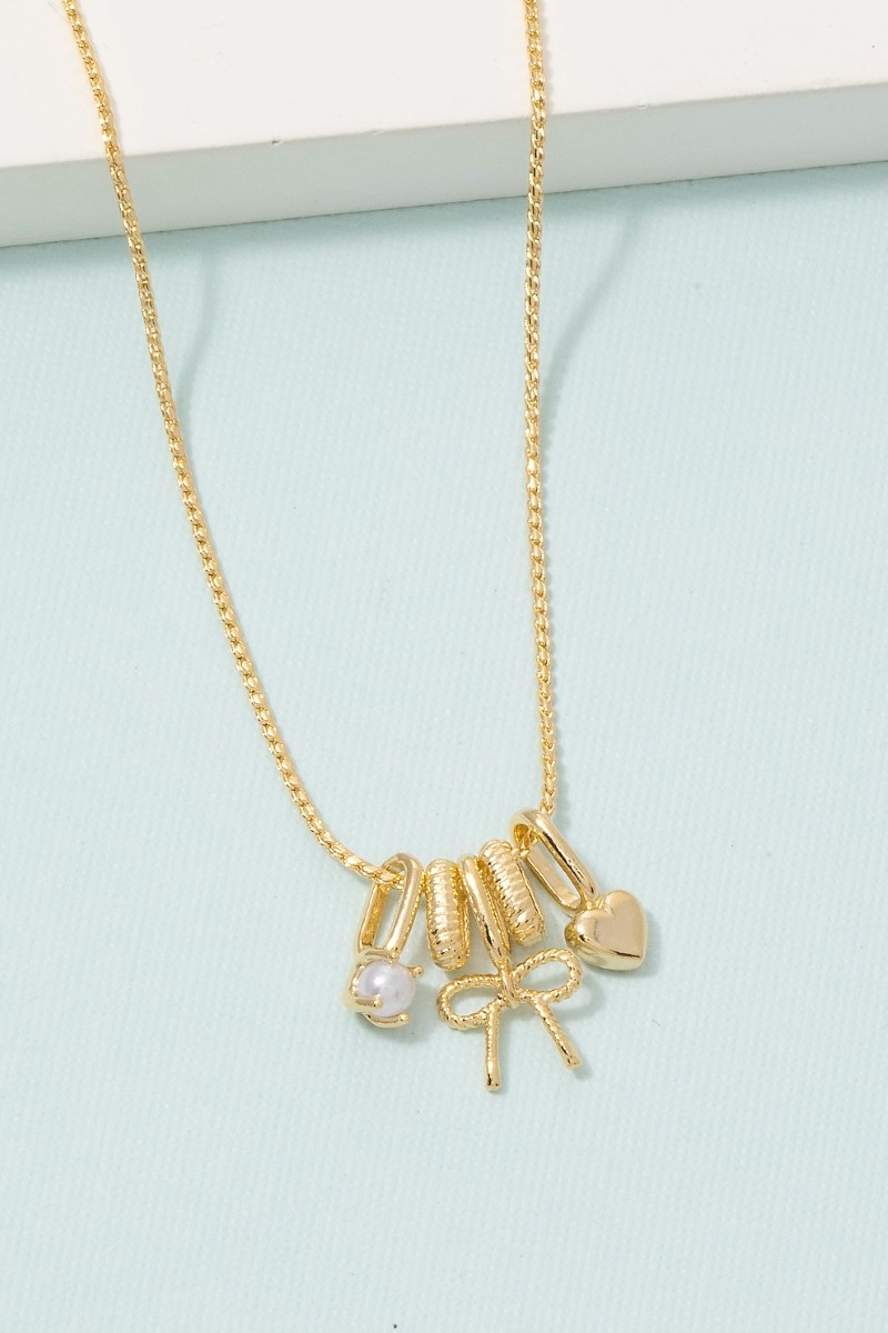 Gold Bow & Heart Charm Pendant Necklace