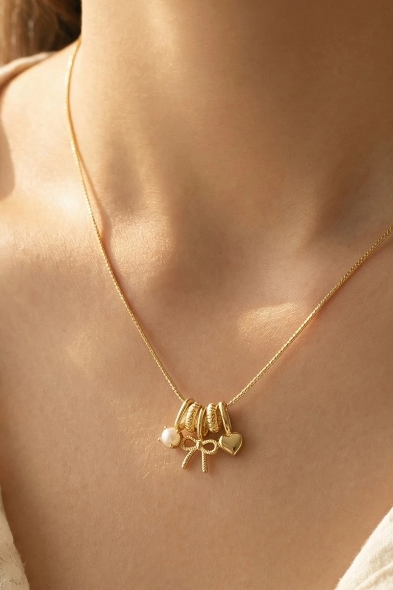 Gold Bow & Heart Charm Pendant Necklace