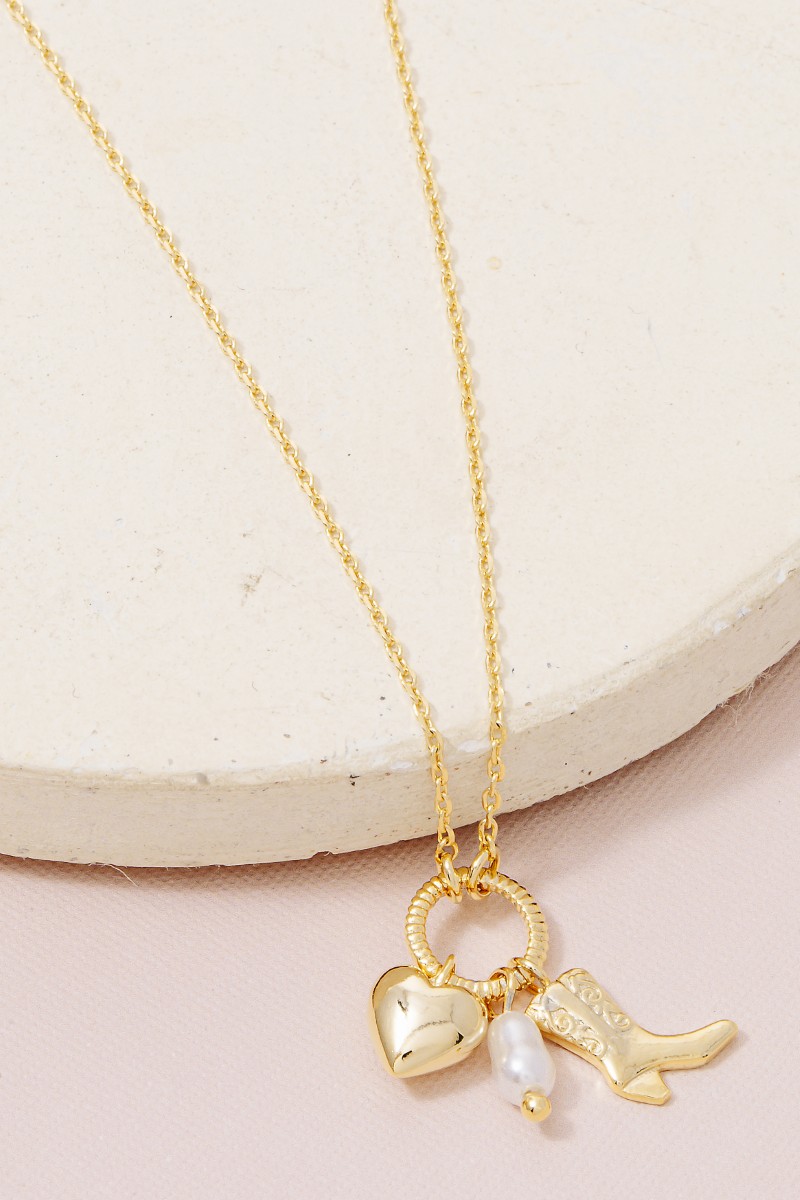 Western Cowboy Boot Heart Pearl Charms Chain Necklace