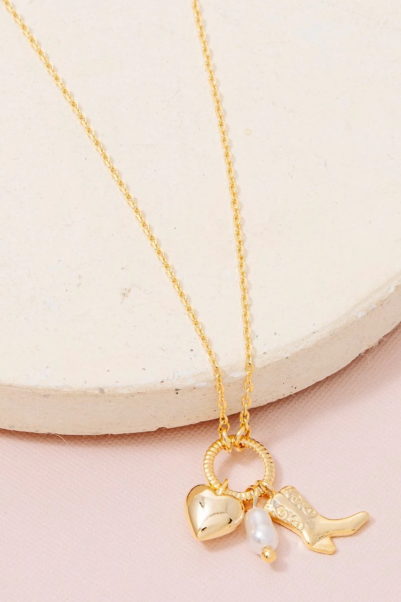 Western Cowboy Boot Heart Pearl Charms Chain Necklace