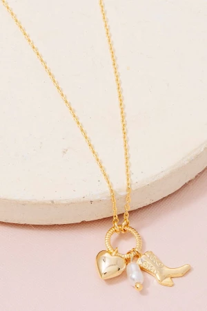 Western Cowboy Boot Heart Pearl Charms Chain Necklace