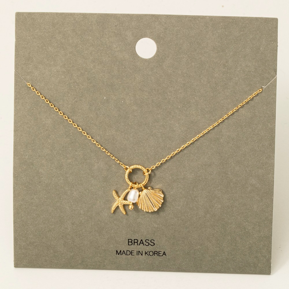 Clam Shell Star Fish And Pearl Charms Chain Necklace