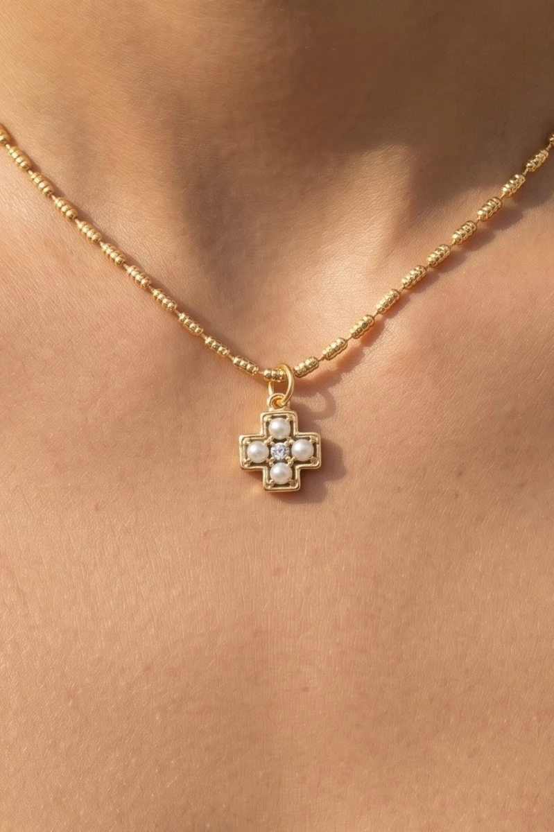 Mini Cross Pearl Pendant Necklace