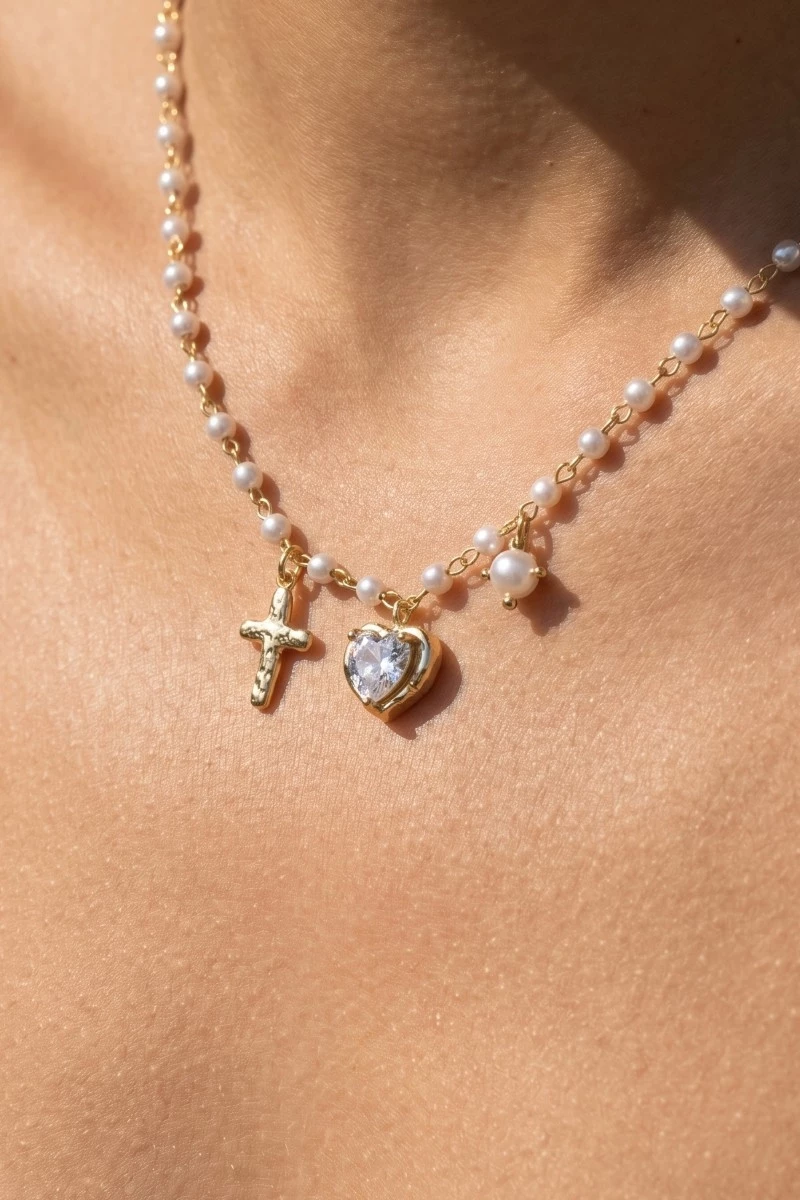 Assorted Cross Heart Pearl Charms Necklace
