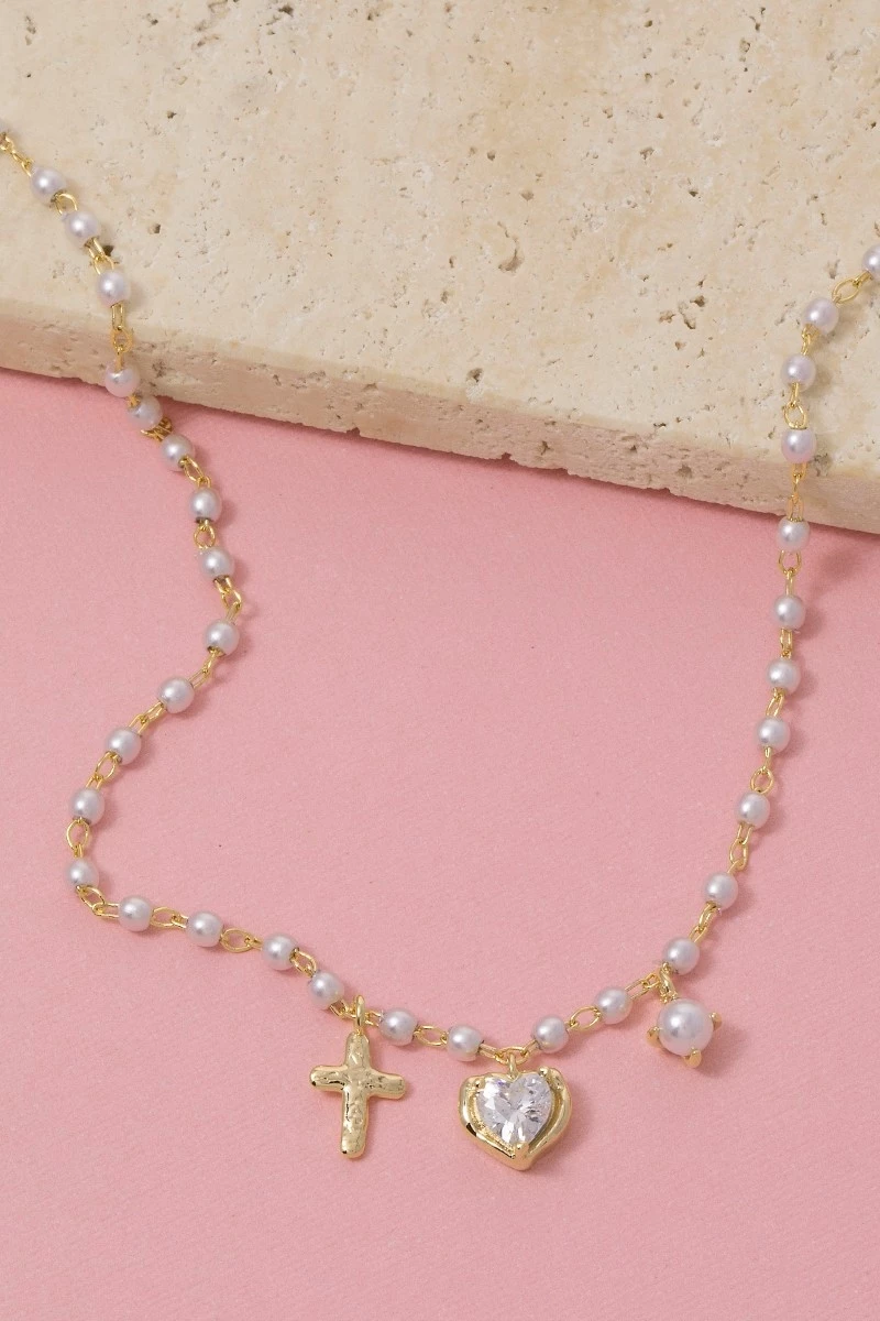Assorted Cross Heart Pearl Charms Necklace