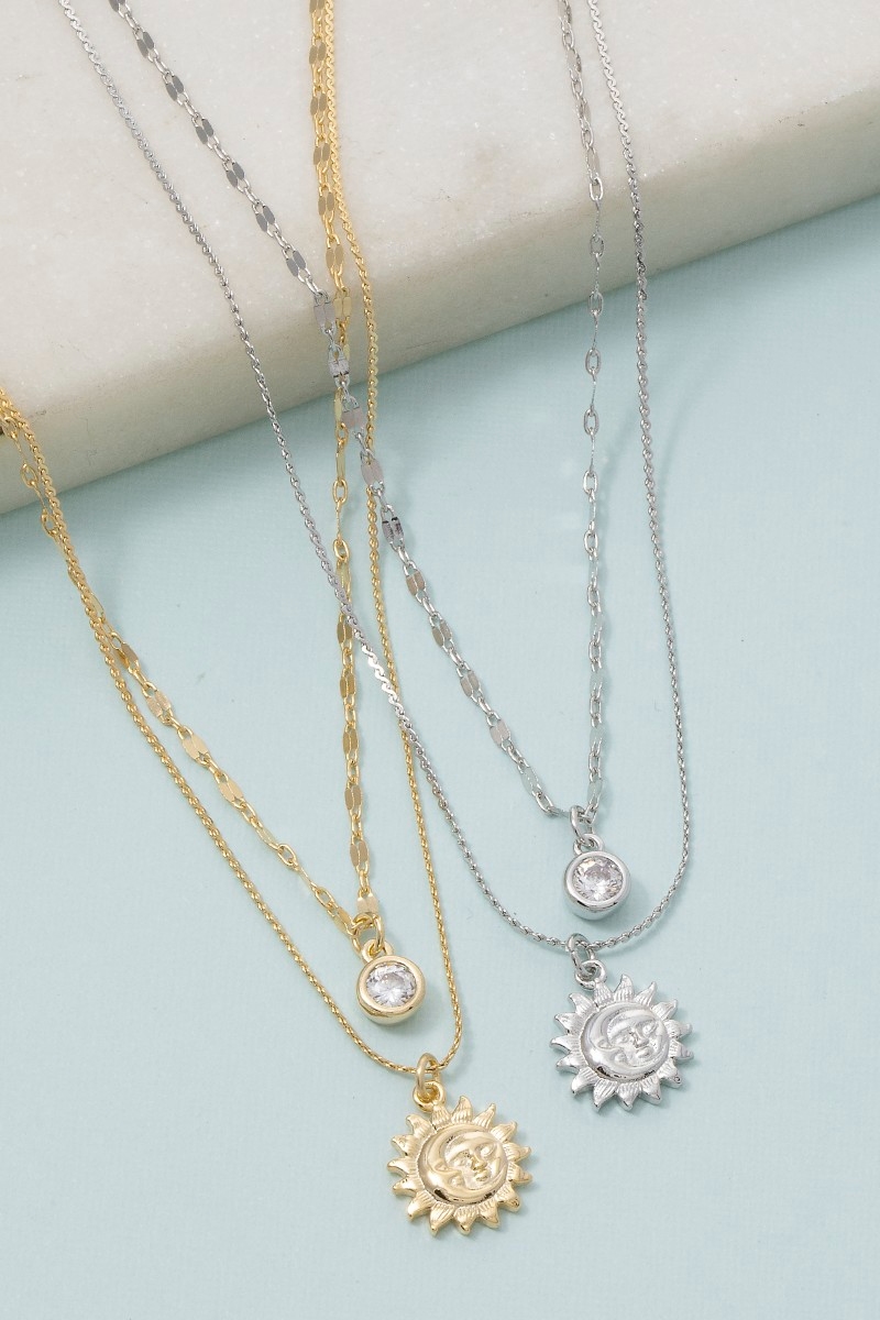 Circle Cz And Sun Pendants Layered Chains Necklace
