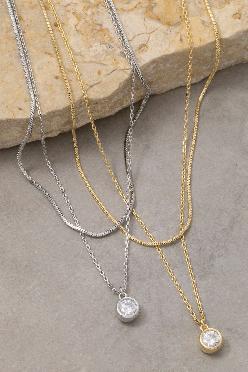 Round Cz Pendant Layered Chains Necklace