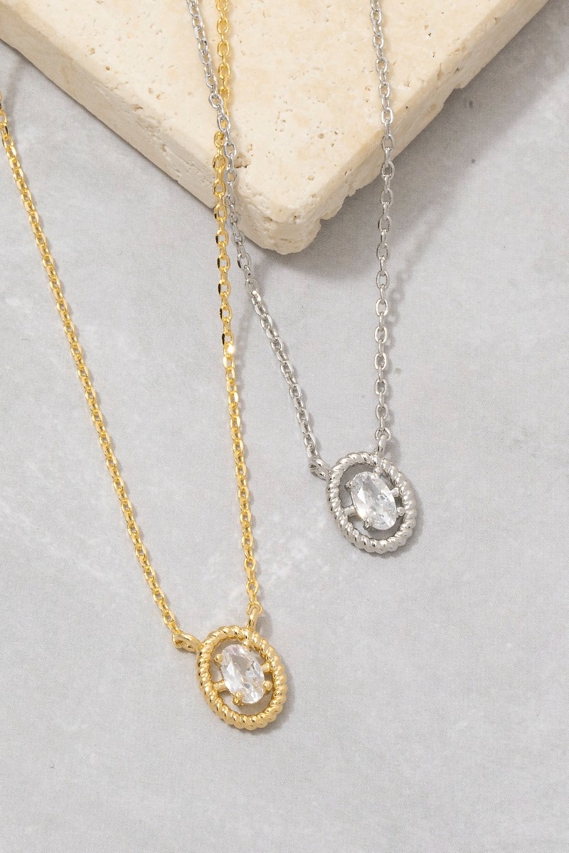Gold Oval Cz Rope Bezel Pendant Necklace