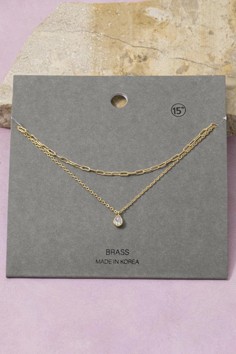Layered Teardrop Bezel Cz Pendant Necklace