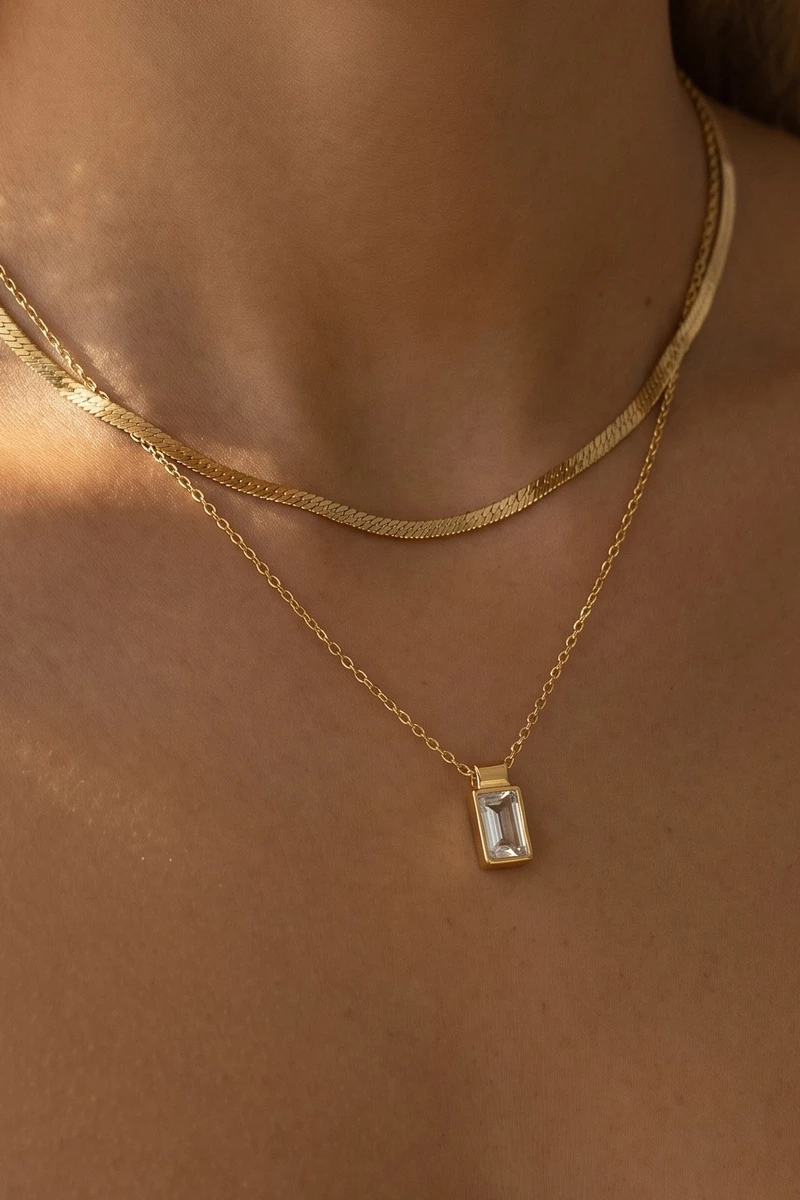 Layered Bezel Cz Emerald Cut Necklace