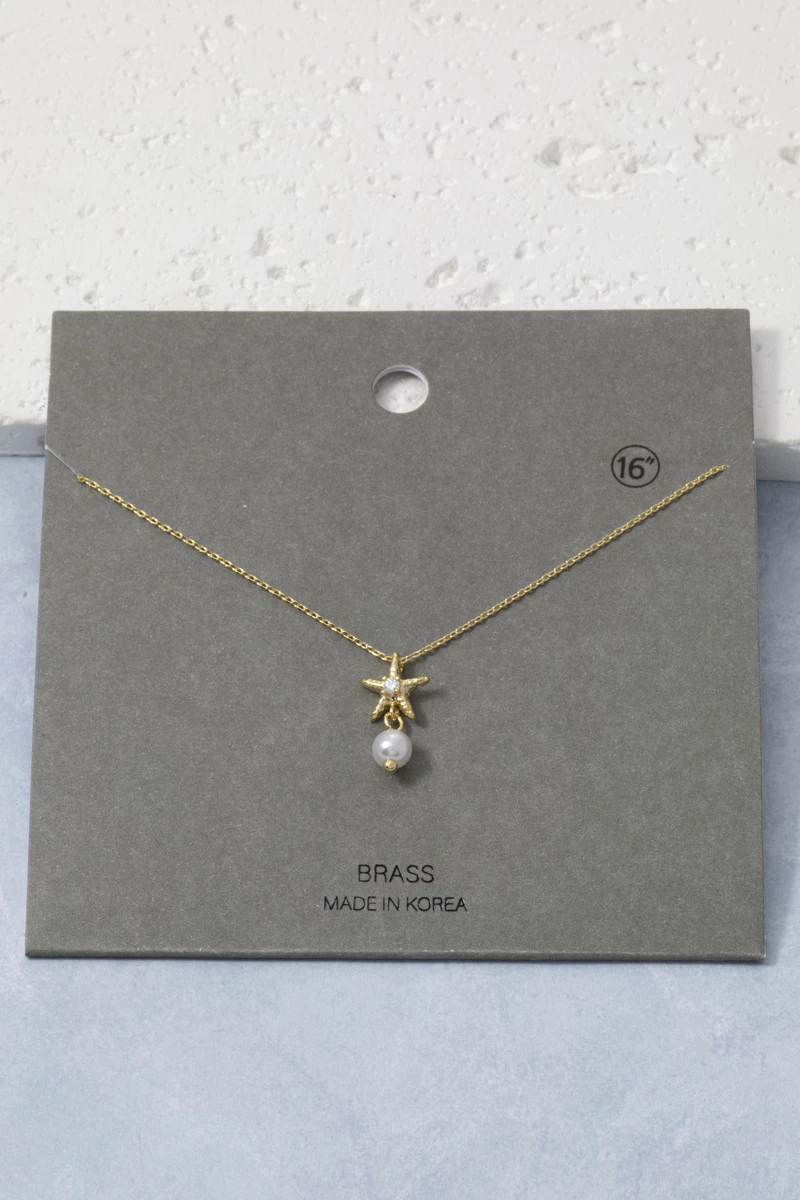 Cz Starfish With Pearl Drop Necklace