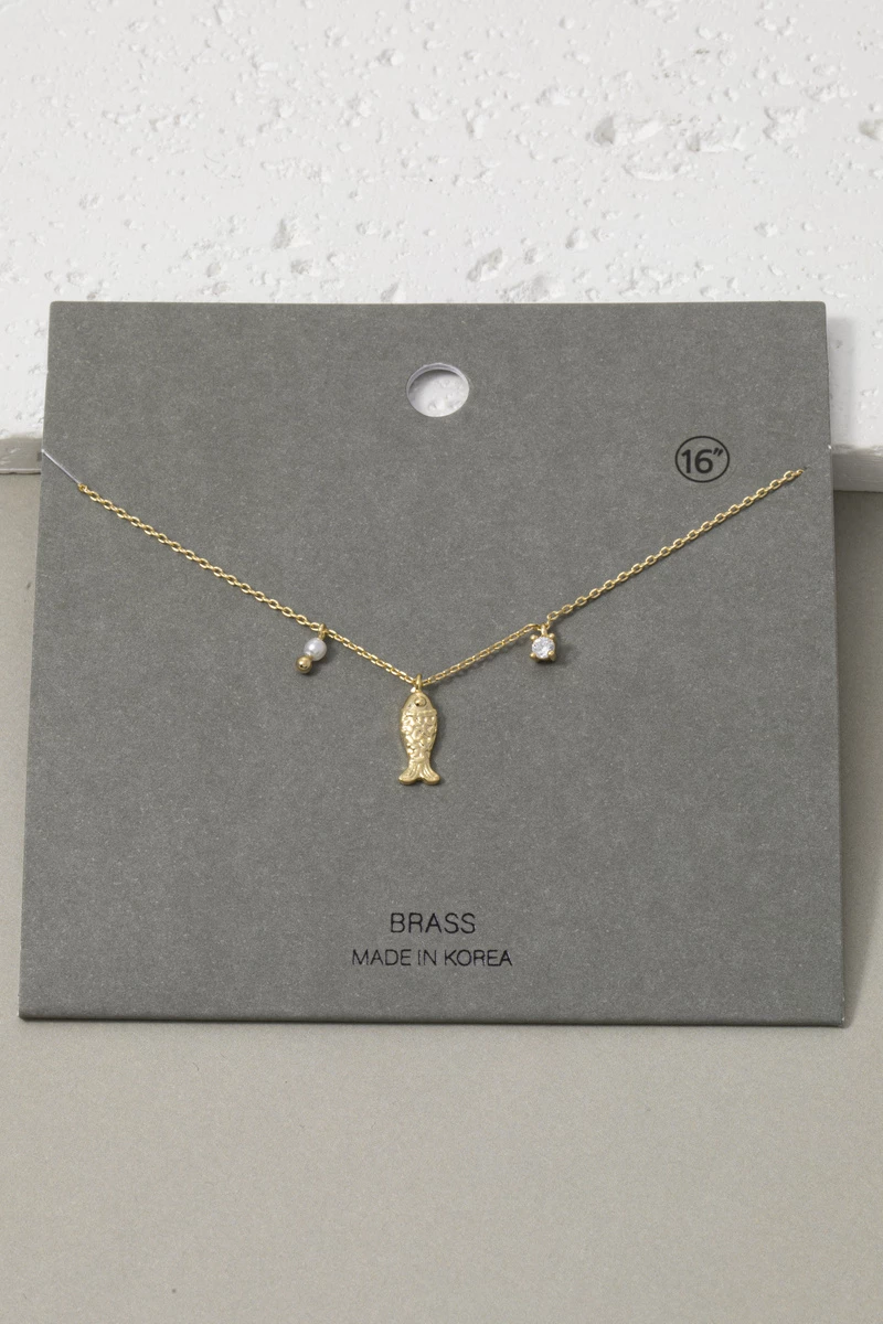Fish With Pearl And Cz Charm Necklace