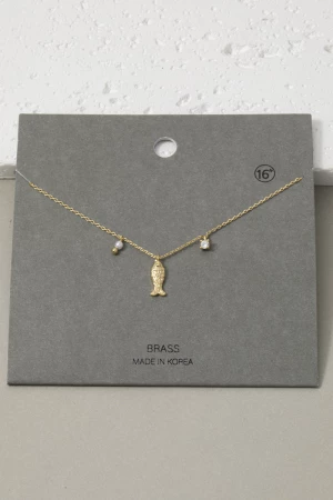 Fish With Pearl And Cz Charm Necklace