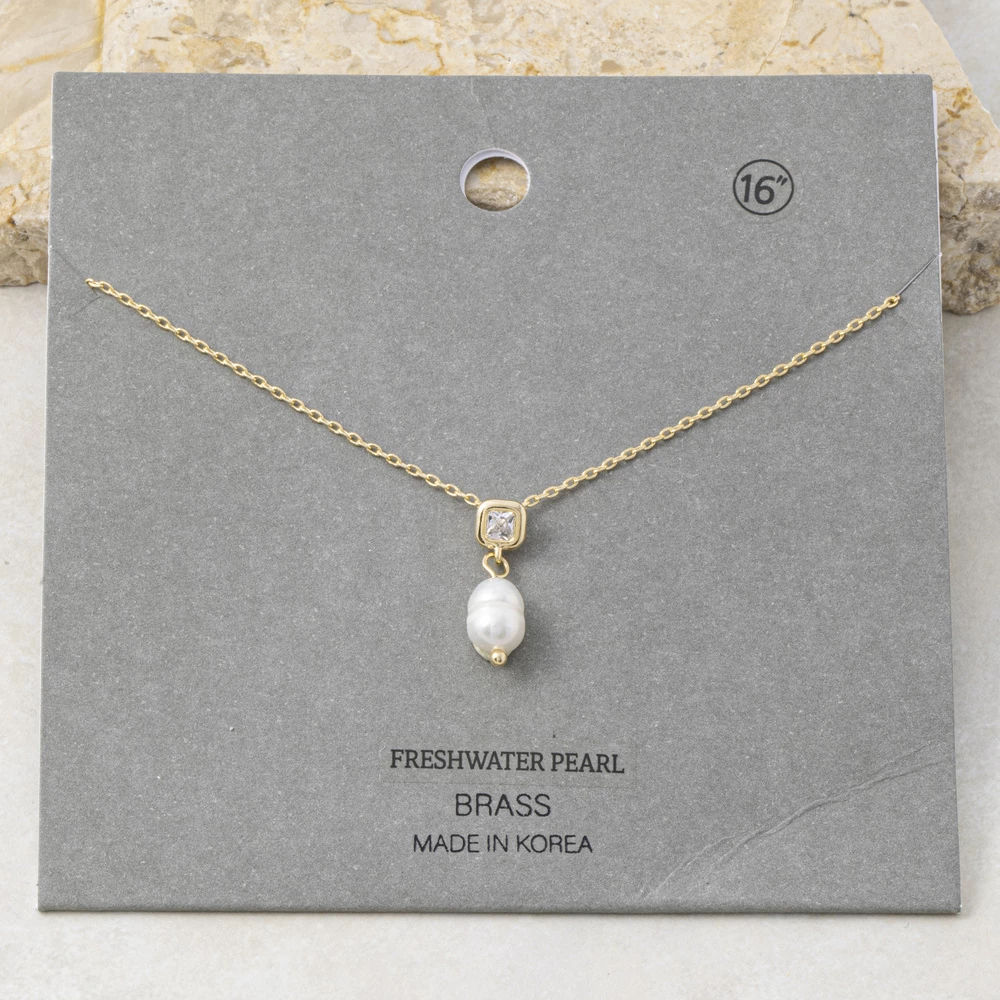 Bezel Cz And Freshwater Pearl Drop Necklace