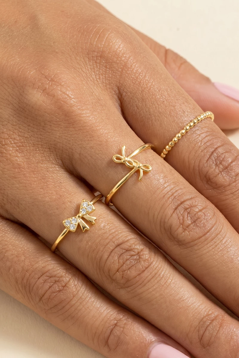 Cz Bow And Twist Band Stackable Ring Set