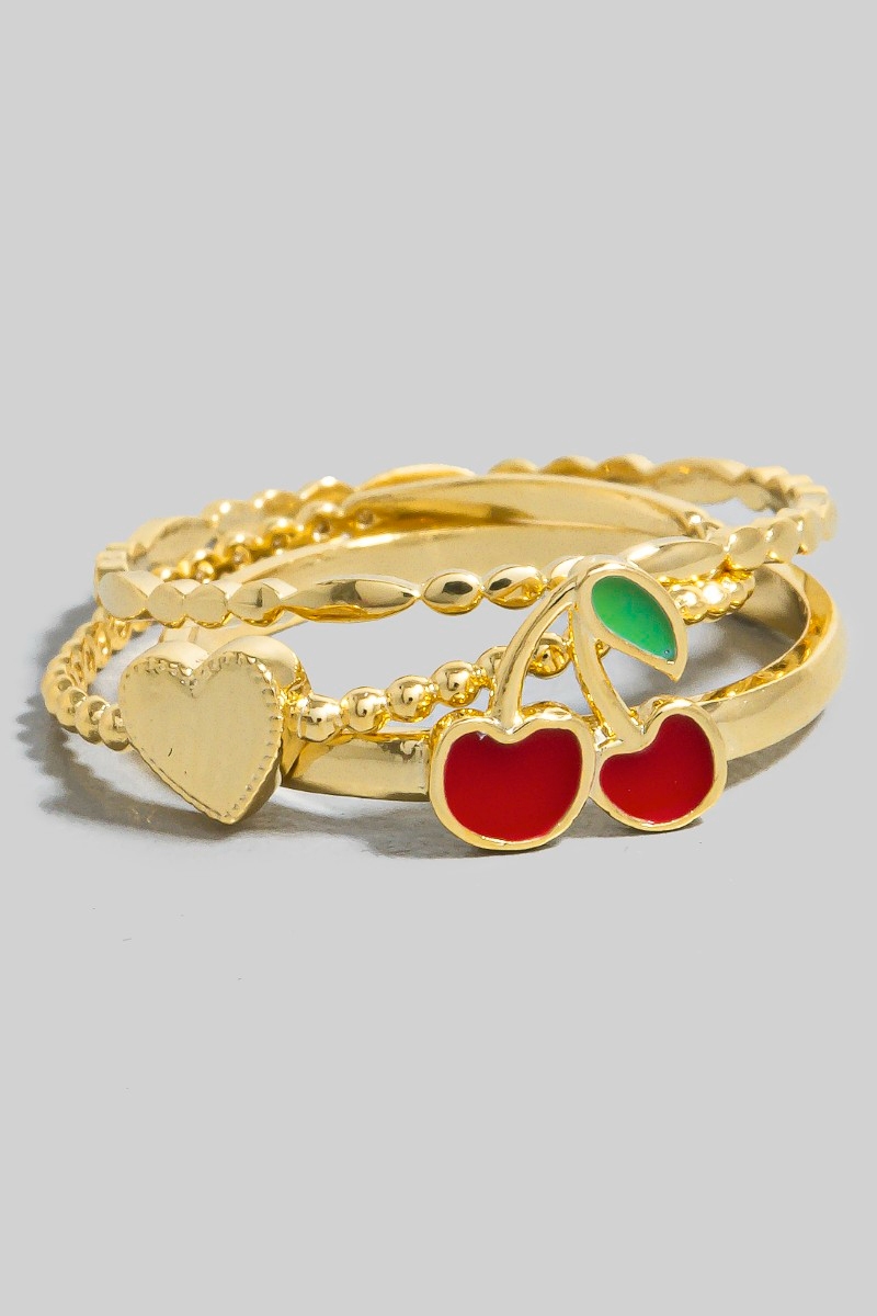 3Pc Heart And Cherry Station Band Ring Set