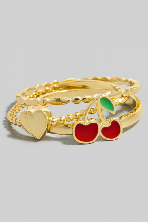 3Pc Heart And Cherry Station Band Ring Set