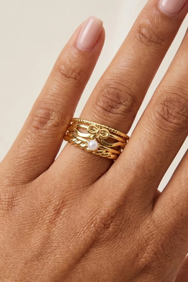 5Pc Bow And Pearl Mixed Band Rings Set