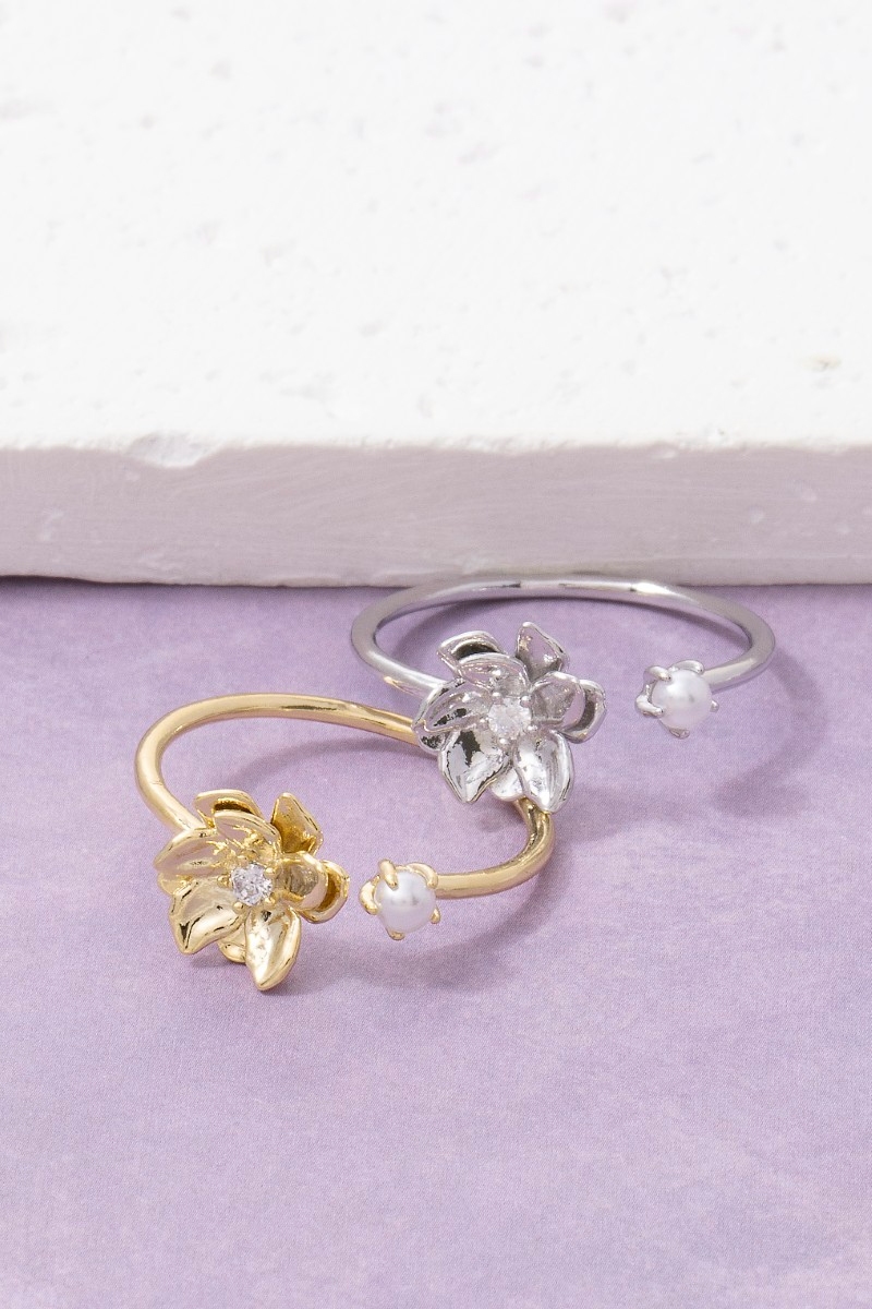 Flower Cz & Pearl Open Cuff Ring