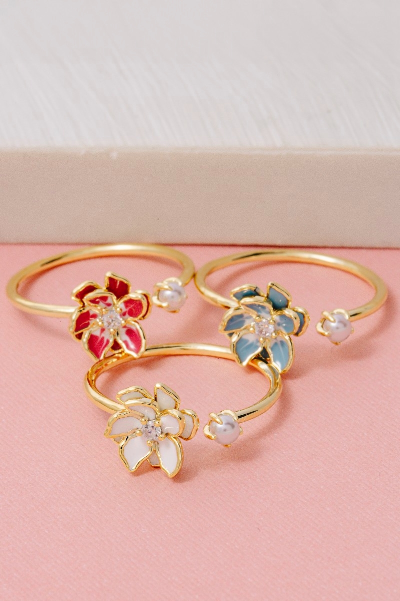 Enamel Flower Cz Pearl Open Ring