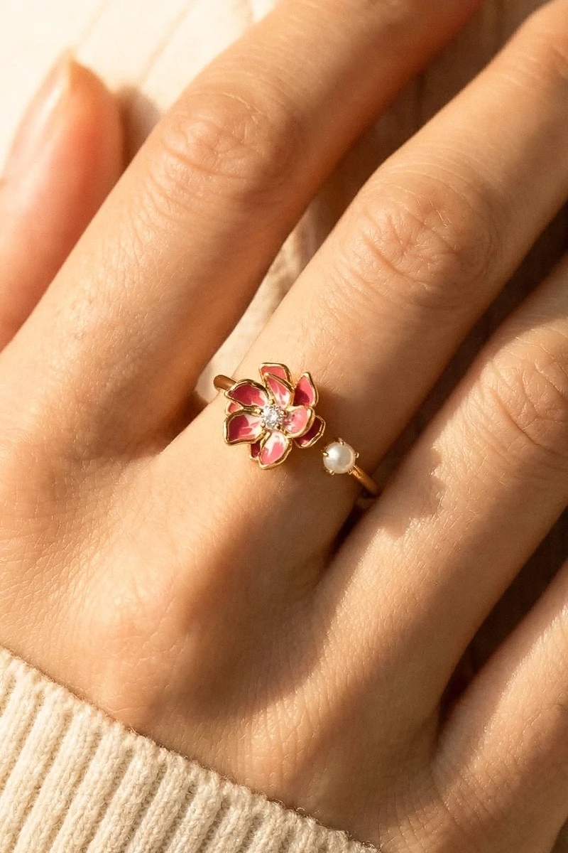 Enamel Flower Cz Pearl Open Ring
