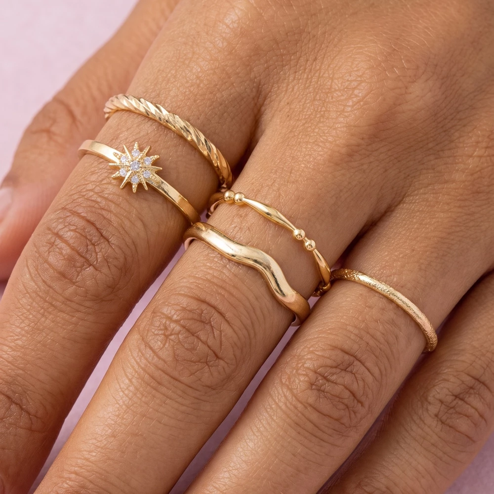 Cz Starburst Textured Stacking Ring Set