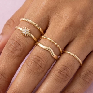 Cz Starburst Textured Stacking Ring Set