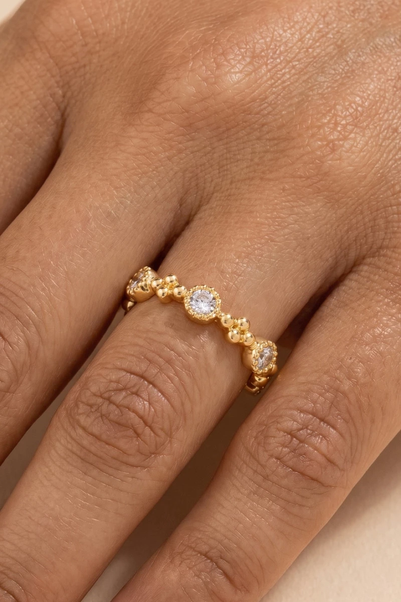 Beaded Bezel Cz Station Band Ring
