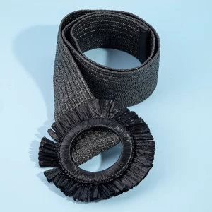 Woven Straw Look Stretch Belt With Fringed Buckle
