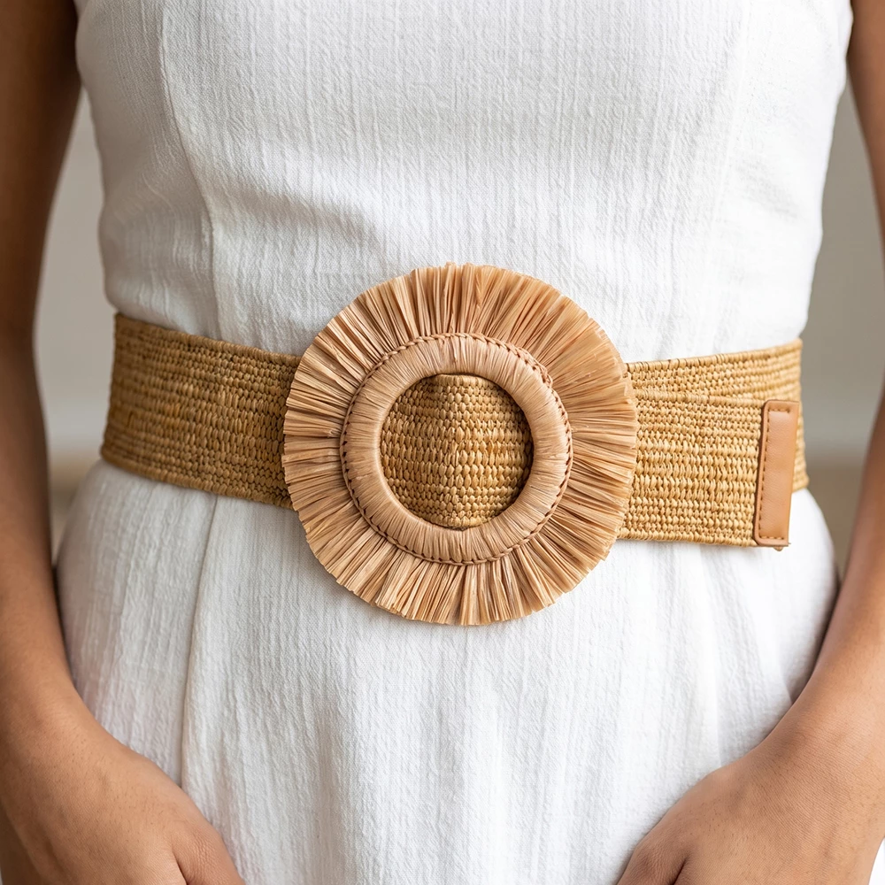 Woven Straw Look Stretch Belt With Fringed Buckle