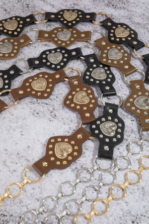 Filigree Heart Faux Leather Panels Chain Belt
