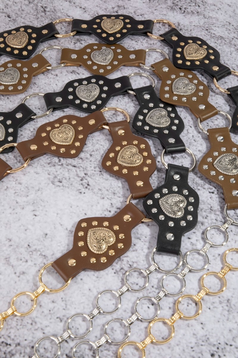 Filigree Heart Faux Leather Panels Chain Belt