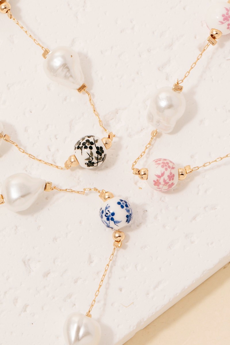 Pearl And Floral Ceramic Ball Beads Chain Necklace