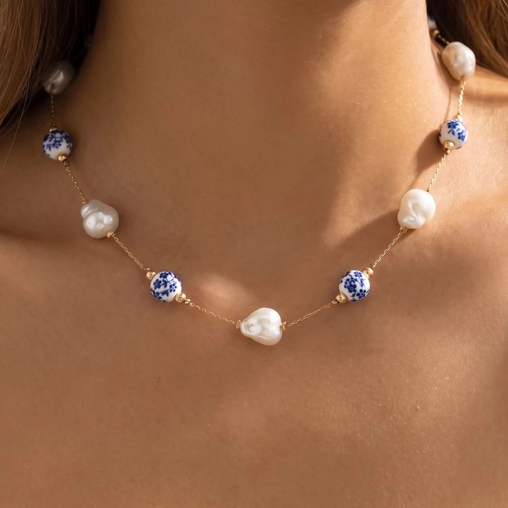 Pearl And Floral Ceramic Ball Beads Chain Necklace