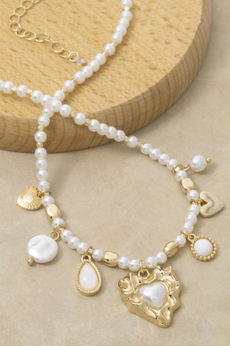 Mixed Heart Charms Pearl And Metallic Beaded Necklace