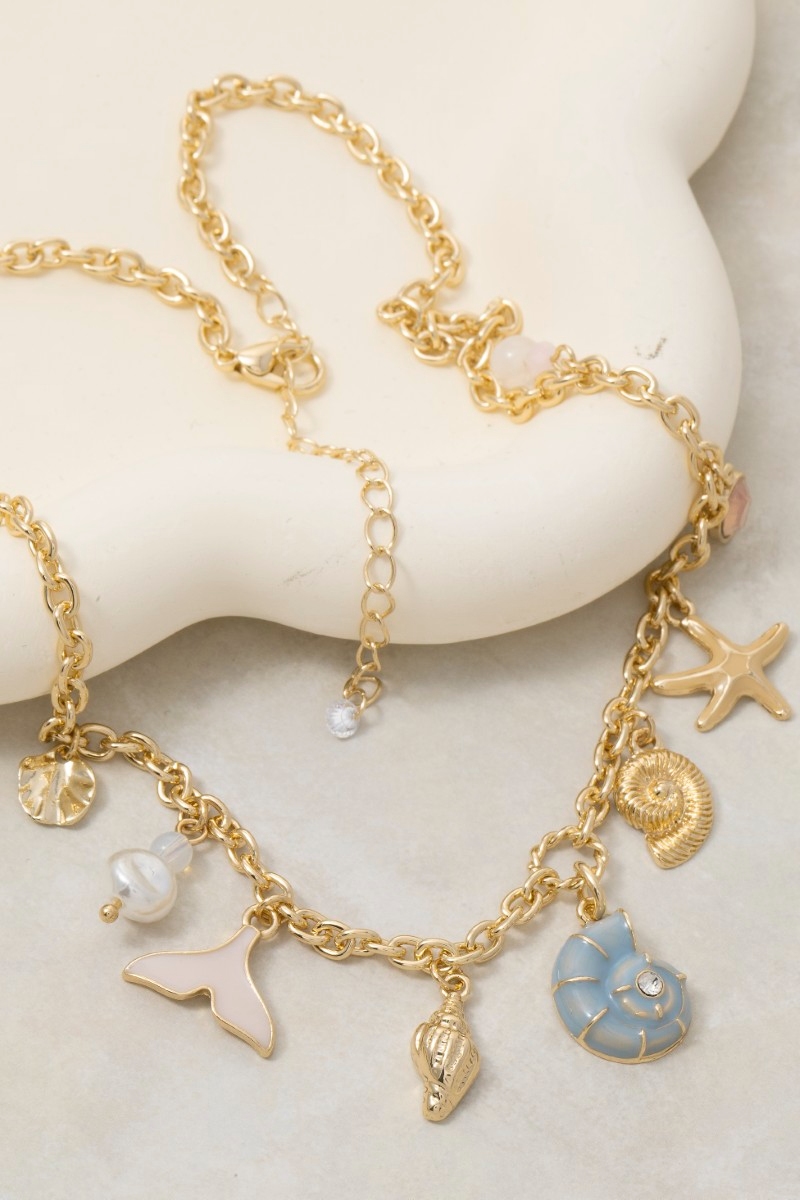 Mixed Sea Life And Pearl Charms Chain Necklace