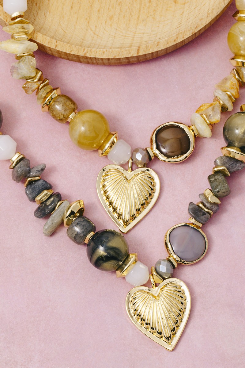 Heart Pendant Mixed Marble Resin Beaded Necklace