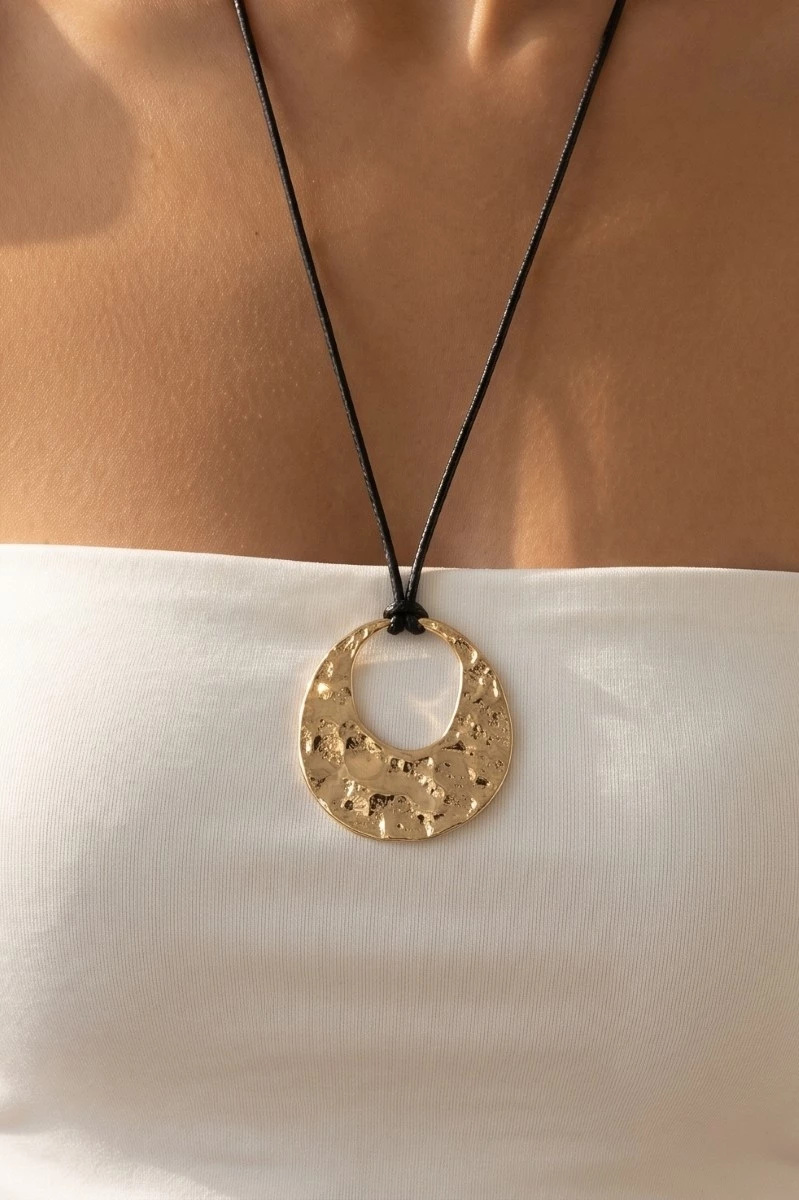 Hammered Oval Pendant Cord Necklace