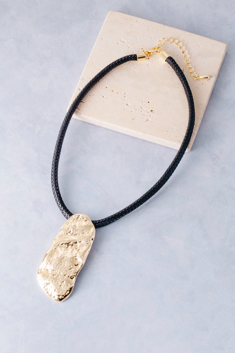 Braided Cord Hammered Gold Pendant Statement Necklace