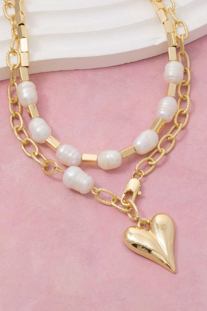 Heart Pendant Mixed Beads And Chain Layered Necklace