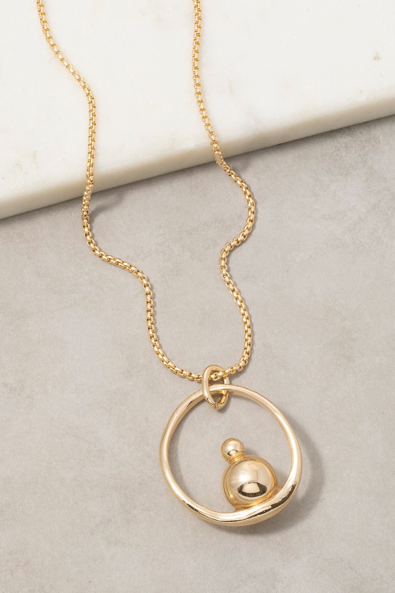 Gold Orb Circle Pendant Long Necklace