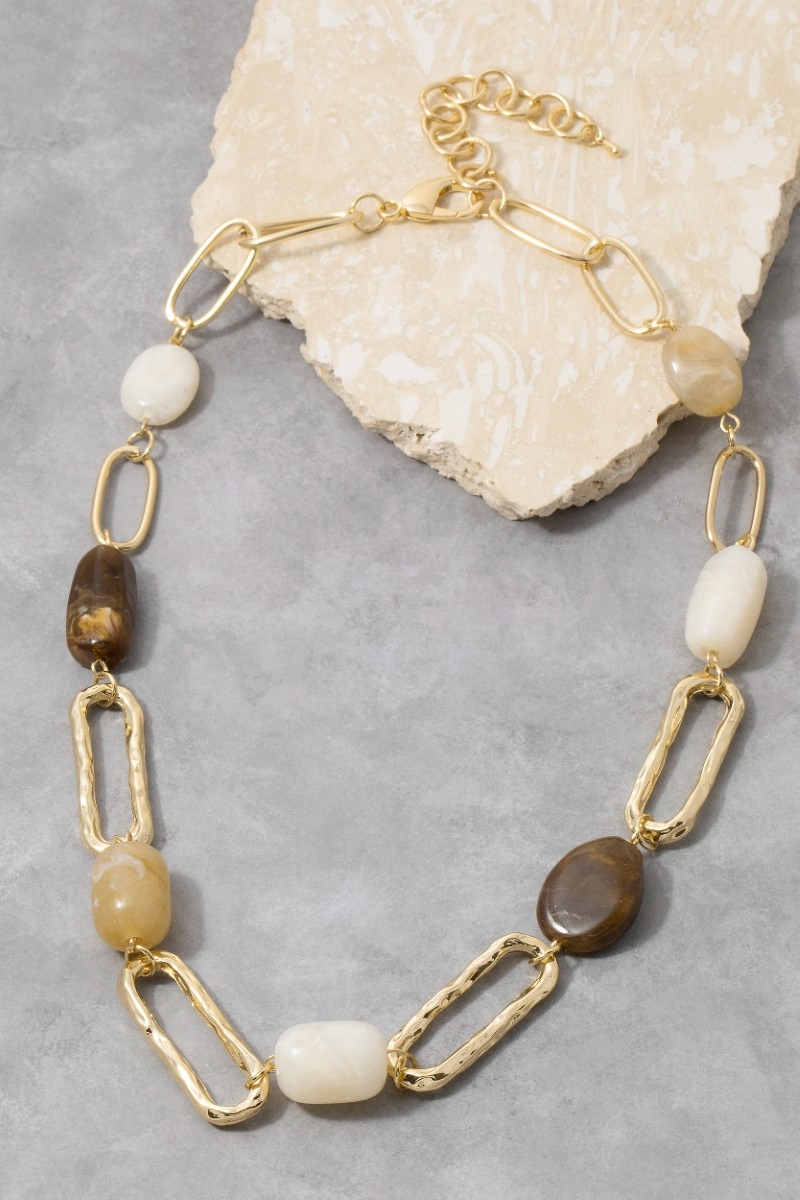 Hammered Link And Stone Station Necklace